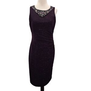 Eliza J Dress 6 Jeweled‎ Neck Glitter Purple Midi Length Sleeveless Ruched Side